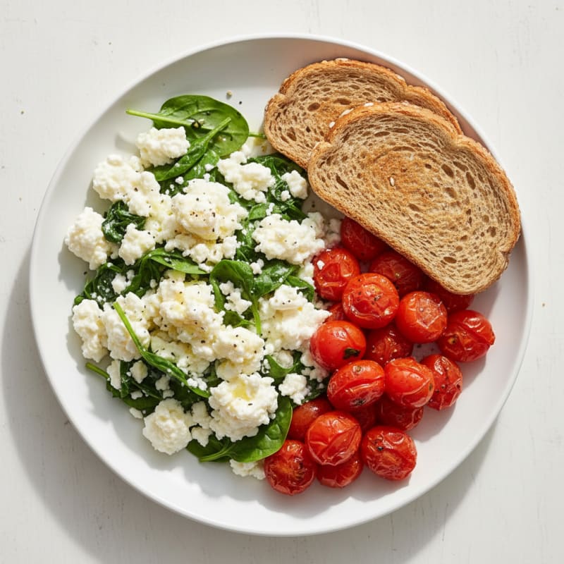 Egg White Spinach Scramble with Cottage Cheese and Cherry Tomatoes