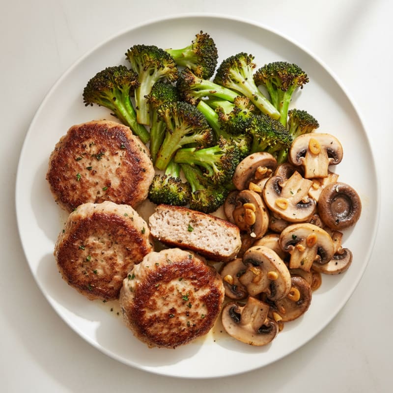 Seared Turkey Patties with Roasted Broccoli and Garlic Mushrooms