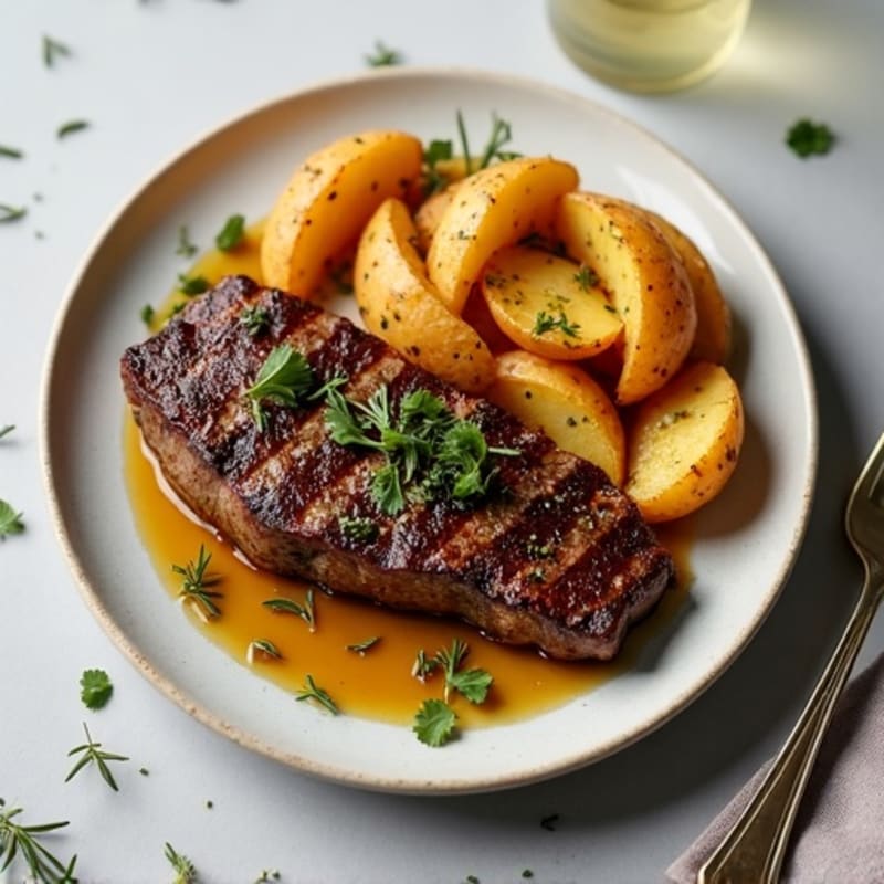 Garlic Herb Pan-Seared Steak with Crispy Roasted Potato Wedges