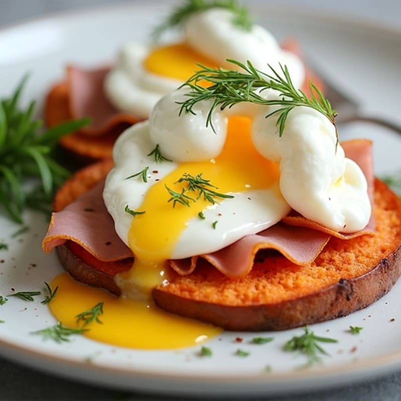 Poached Eggs with Lean Ham, Crispy Roasted Sweet Potato, and Creamy Lemon-Herb Sauce