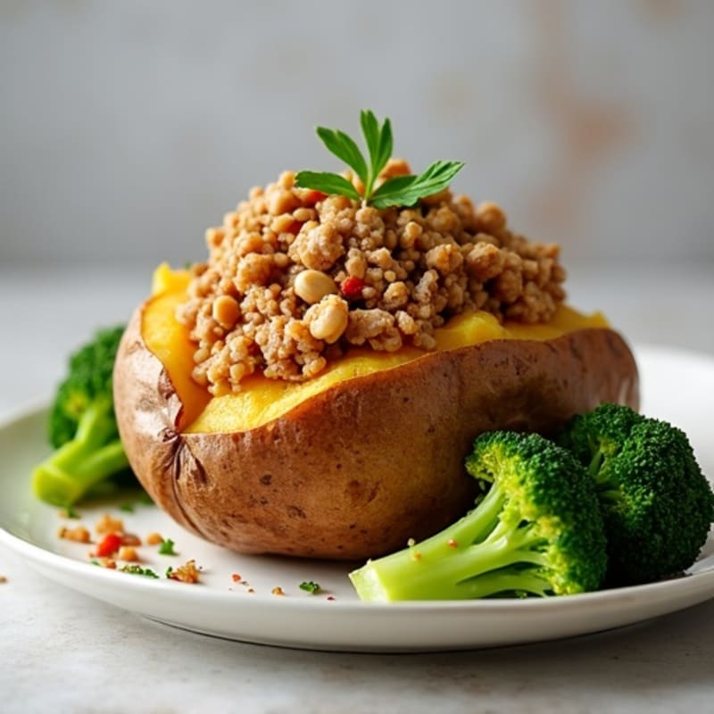 Loaded Crispy Baked Potato with Lean Ground Turkey and Steamed Broccoli