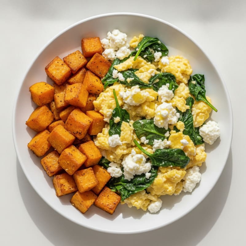 Cottage Cheese Scramble with Spinach and Roasted Sweet Potato