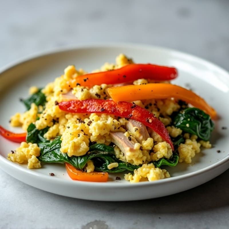 Turkey Spinach Egg White Scramble with Sautéed Peppers