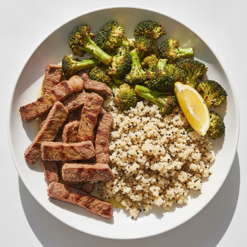Seared Lean Beef Strips with Roasted Broccoli and Quinoa
