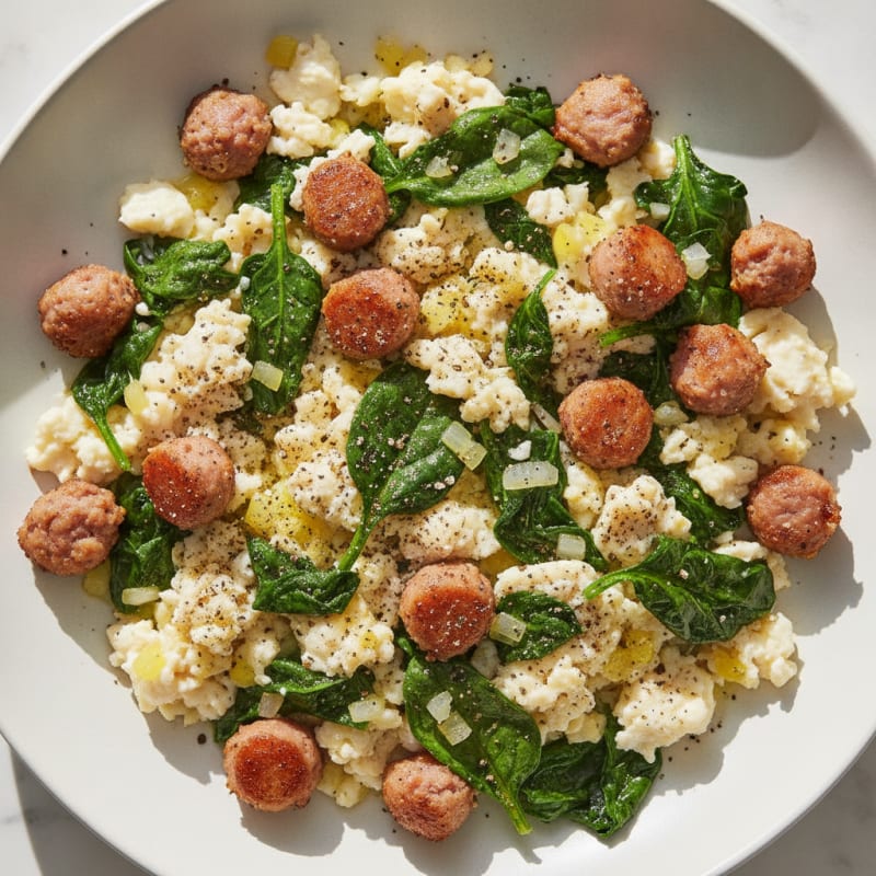Scrambled Egg Whites with Turkey Sausage and Sautéed Spinach