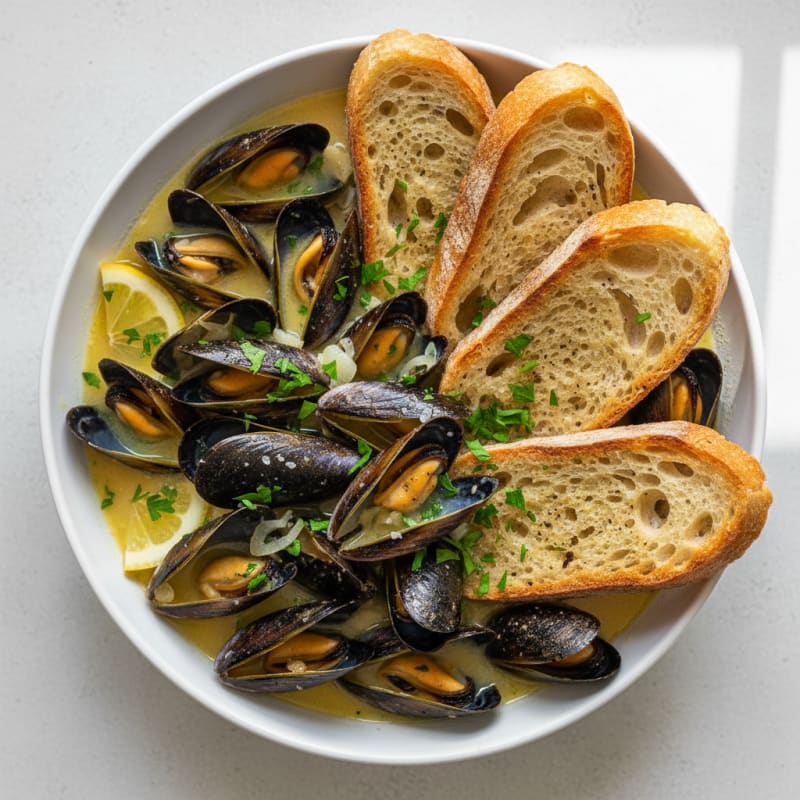 Garlic Butter Mussels with Crusty Bread