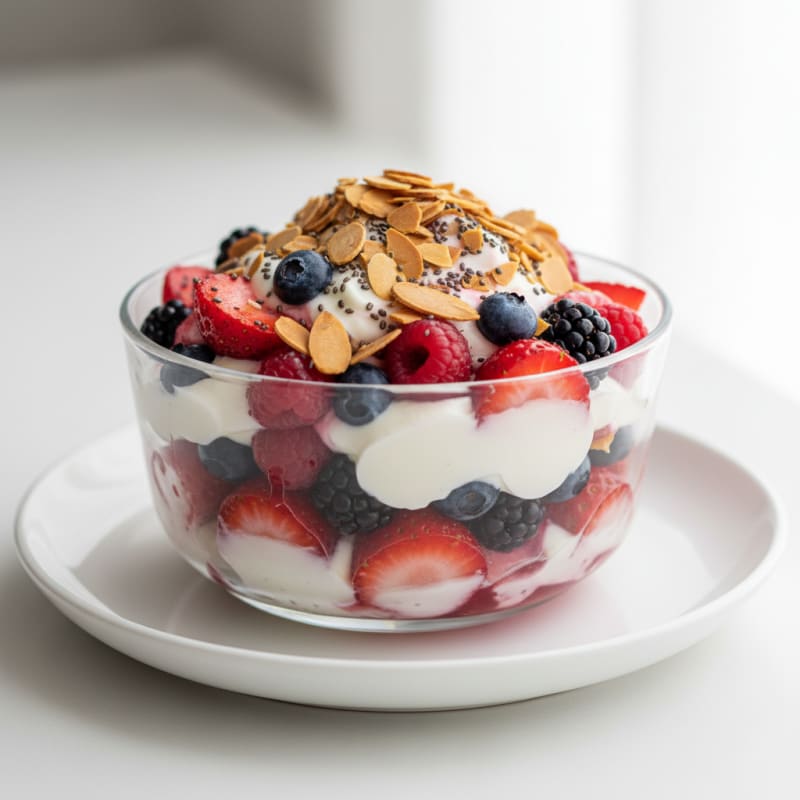High-Protein Greek Yogurt Parfait with Mixed Berries and Almonds