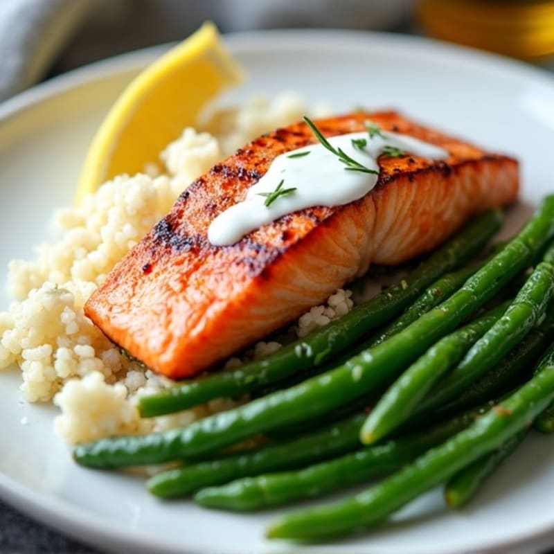 Seared Salmon Filet with Cauliflower Rice and Sautéed Green Beans