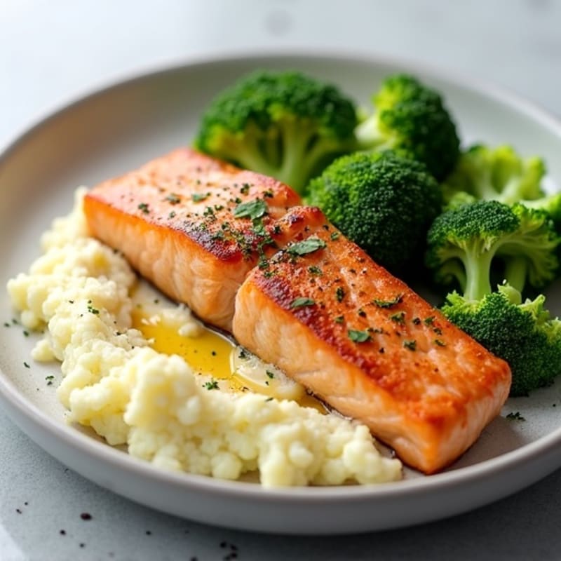 Seared Salmon with Steamed Broccoli and Garlic Cauliflower Mash