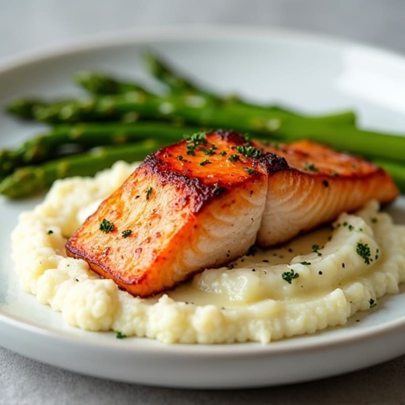 Seared Salmon with Steamed Asparagus and Cauliflower Mash