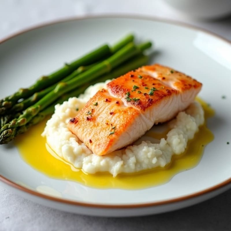 Seared Salmon with Steamed Asparagus and Cauliflower Mash