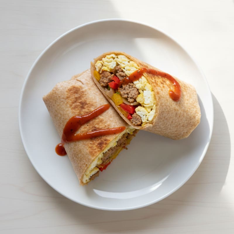 Egg and Turkey Sausage Breakfast Burrito with Sautéed Peppers and Onions