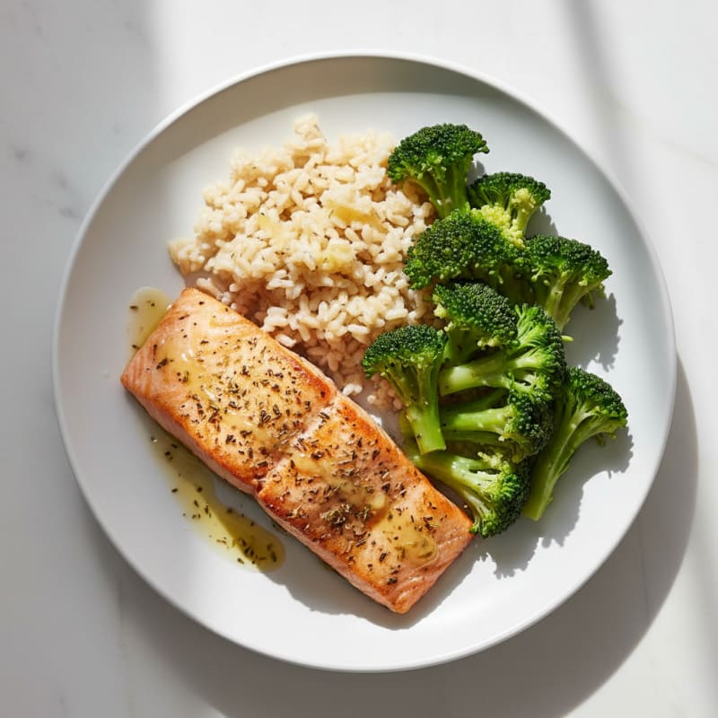 Herb-Seared Salmon with Steamed Broccoli and Brown Rice