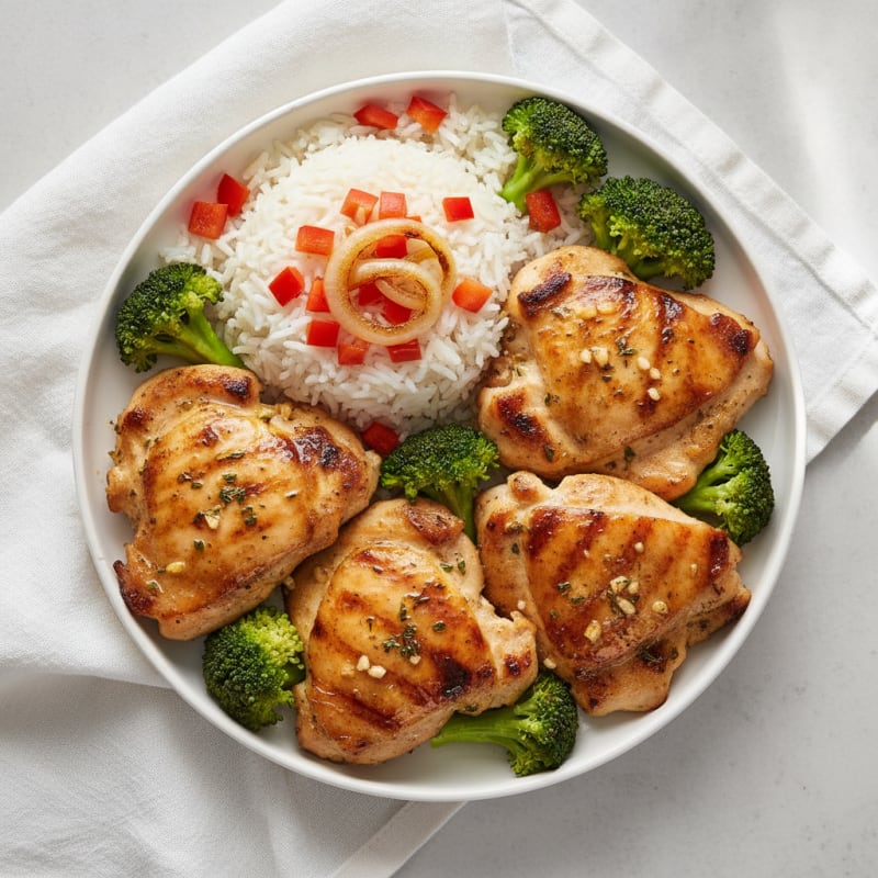 Grilled Chicken Thighs with Broccoli and Steamed White Rice