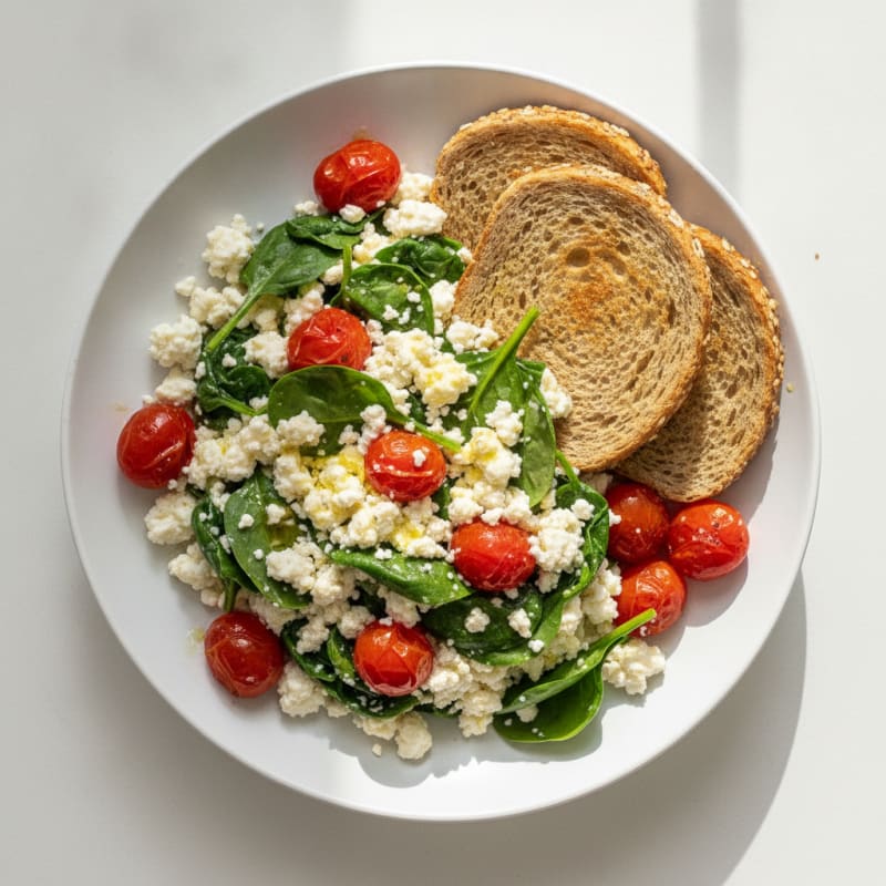 Egg White and Cottage Cheese Scramble with Spinach and Cherry Tomatoes