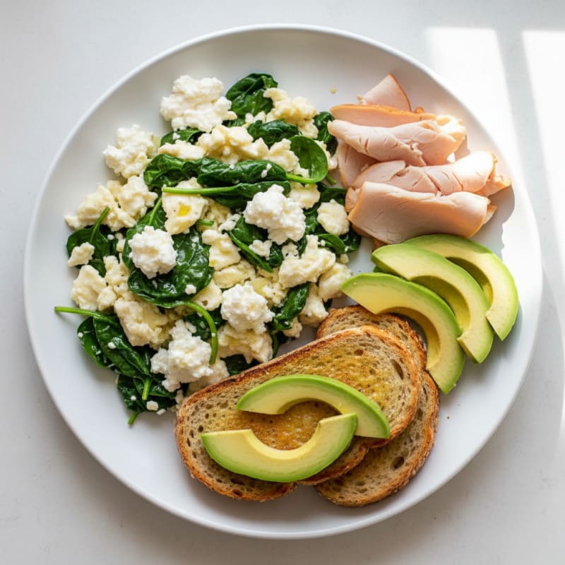Egg White Spinach Scramble with Cottage Cheese and Sliced Turkey