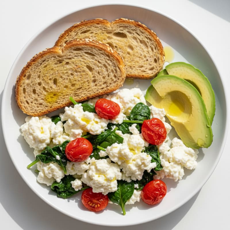 Cottage Cheese and Egg White Scramble with Spinach and Cherry Tomatoes