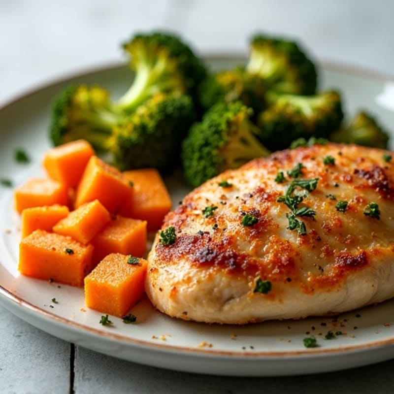 Crispy Roasted Chicken with Sweet Potato and Broccoli