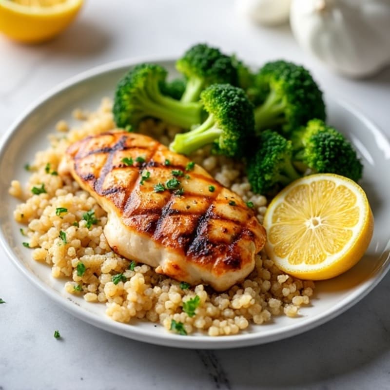 Grilled Lemon-Garlic Chicken Breast with Quinoa and Steamed Broccoli