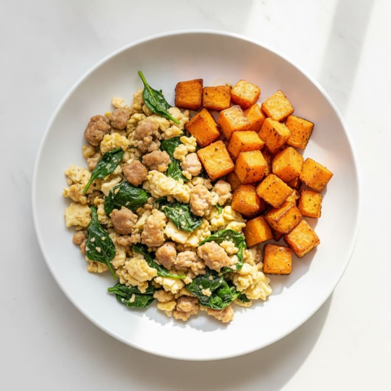 Egg White and Turkey Sausage Scramble with Spinach and Roasted Sweet Potato