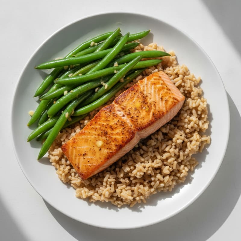 Seared Salmon Fillet with Garlic Green Beans and Brown Rice