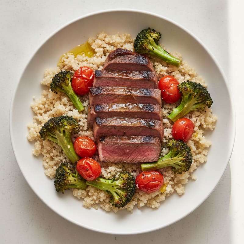 Grilled Steak and Quinoa Bowl with Roasted Broccoli and Cherry Tomatoes