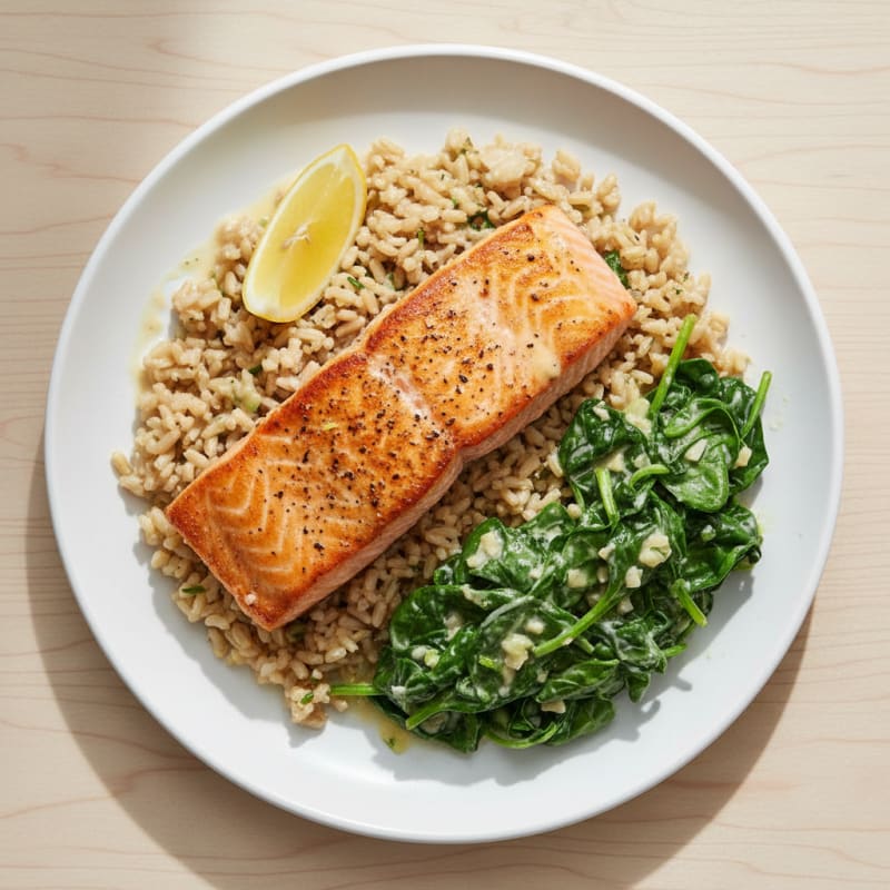 Seared Salmon with Creamy Spinach and Brown Rice