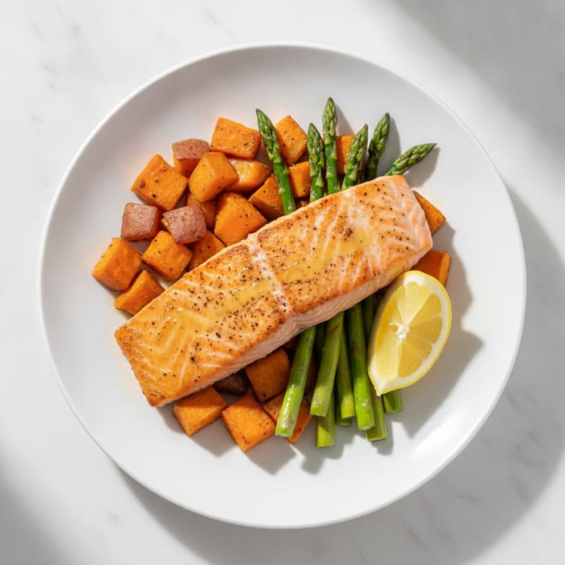 Seared Salmon Fillet with Roasted Sweet Potato and Asparagus