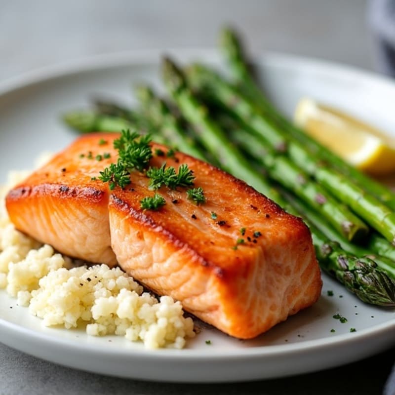 Seared Salmon with Steamed Asparagus and Cauliflower Rice
