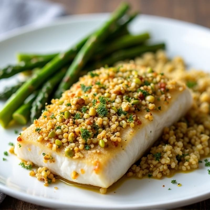 Pistachio-Crusted Cod with Roasted Asparagus and Lemon-Herb Quinoa