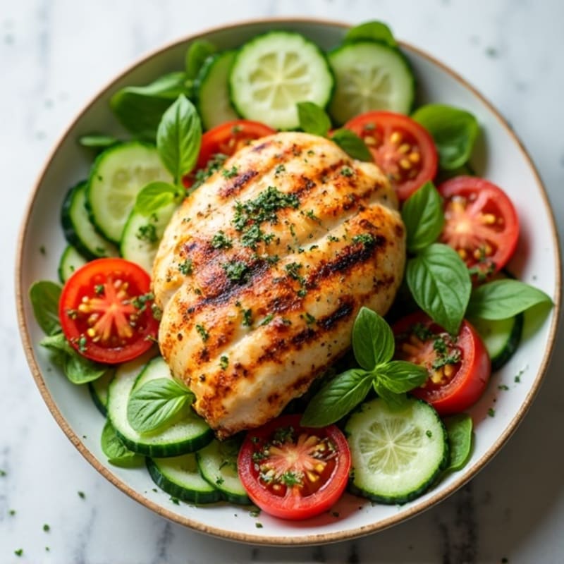 Fresh Cucumber Tomato Herb Salad with Grilled Chicken