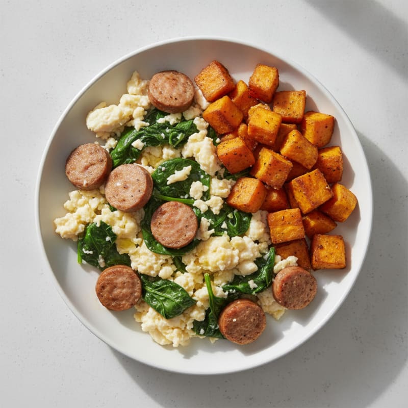 Egg White Scramble with Turkey Sausage and Sautéed Spinach