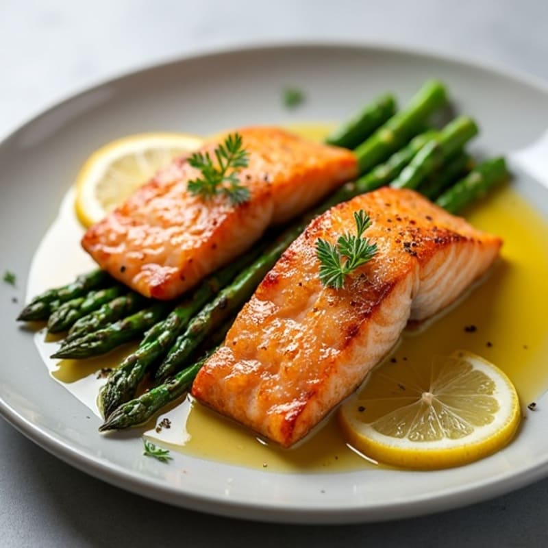 Crispy Pan-Seared Salmon with Roasted Asparagus and Lemon