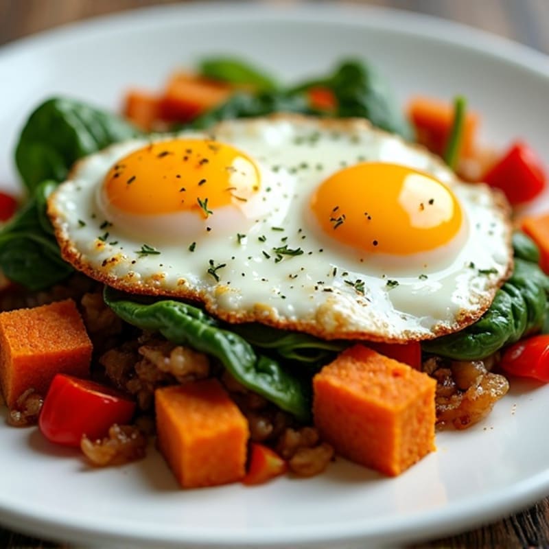 Crispy Sweet Potato Hash with Fried Eggs and Fresh Greens