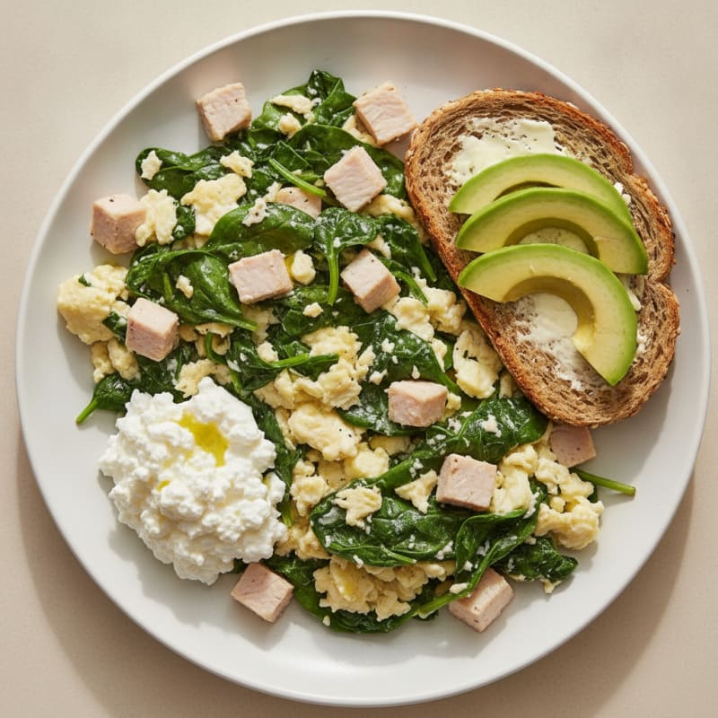 Egg White and Spinach Scramble with Cottage Cheese and Sliced Turkey
