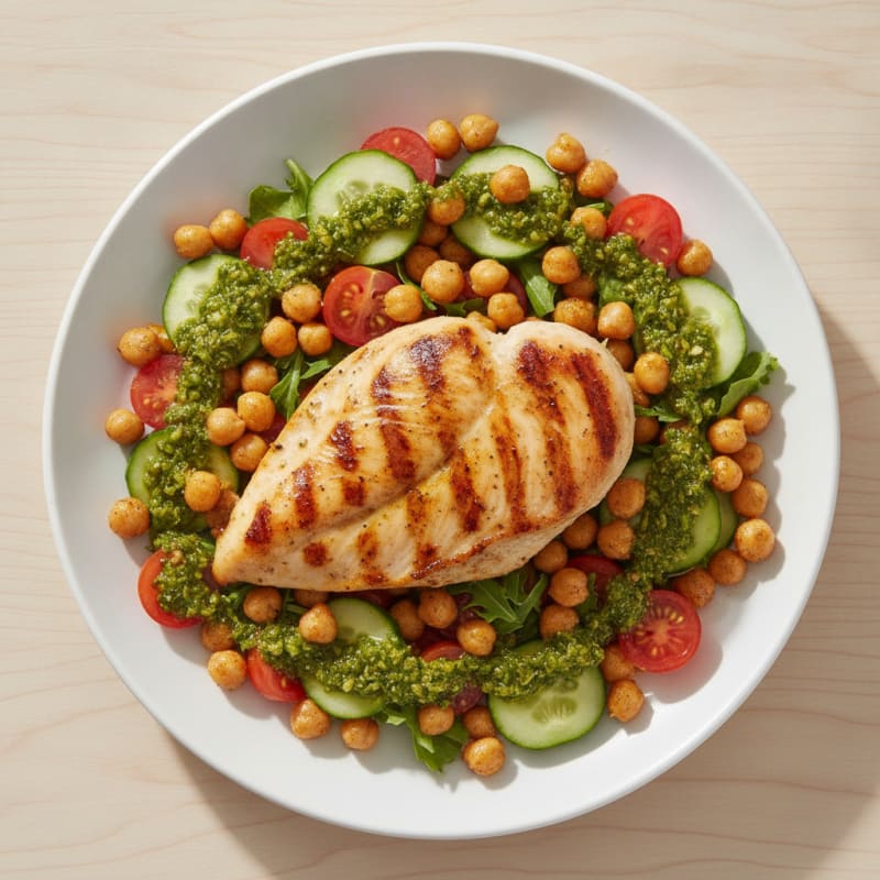 Grilled Chicken Breast with Roasted Chickpea and Tomato Salad