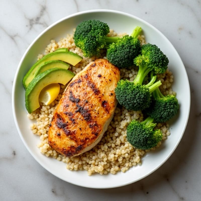 Seared Chicken Breast with Garlic Quinoa and Steamed Broccoli