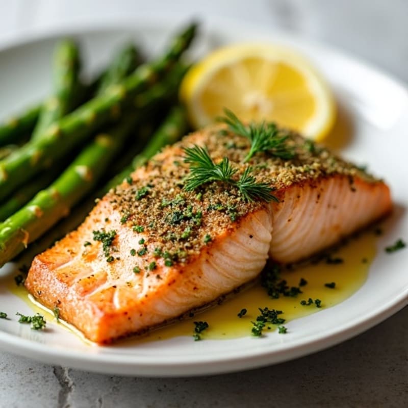 Herb-Crusted Baked Salmon with Lemon Garlic Asparagus