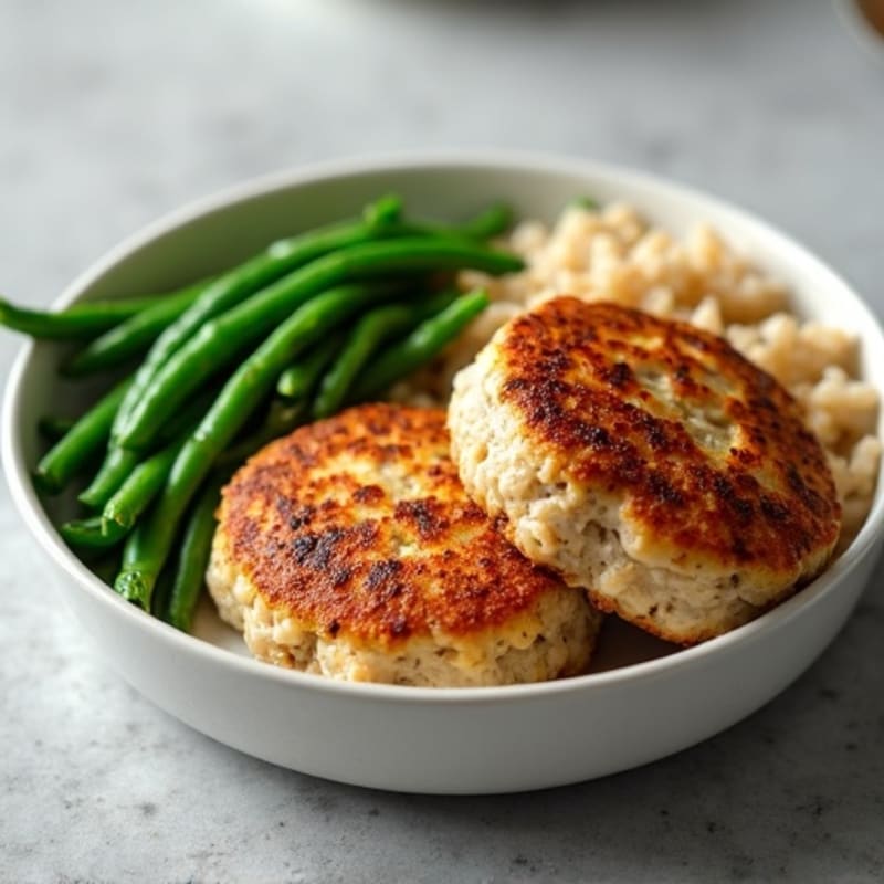 Seared Turkey Patties with Steamed Green Beans and Brown Rice