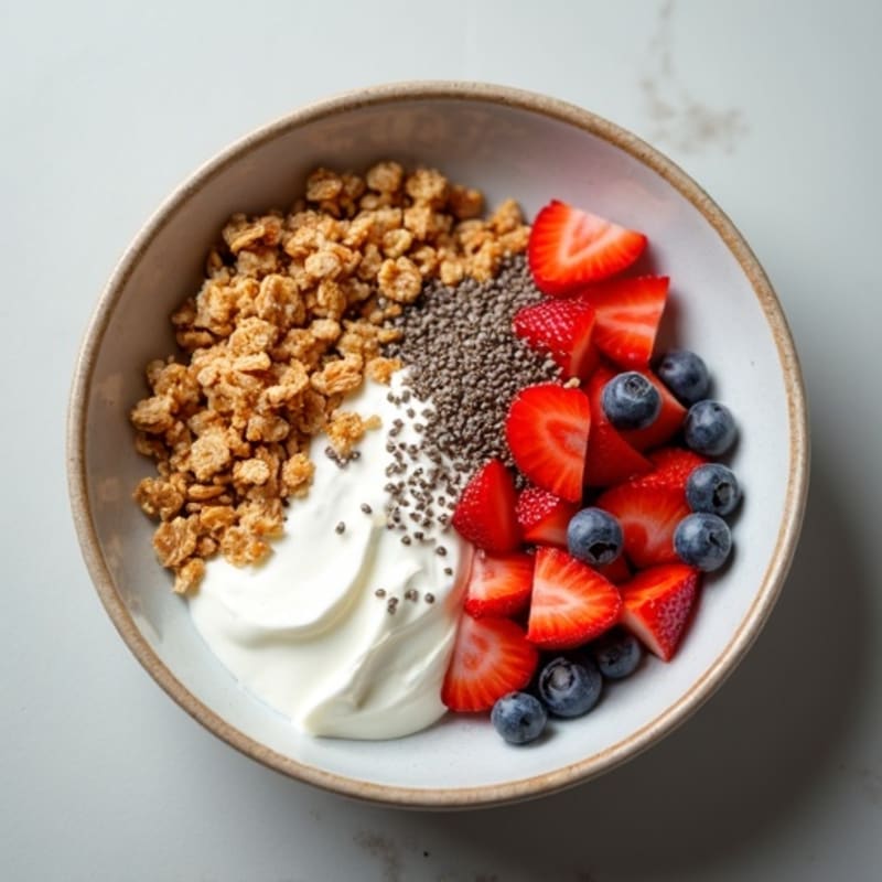 Creamy Cottage Cheese Yogurt Bowl with Crunchy Granola and Chia Seeds