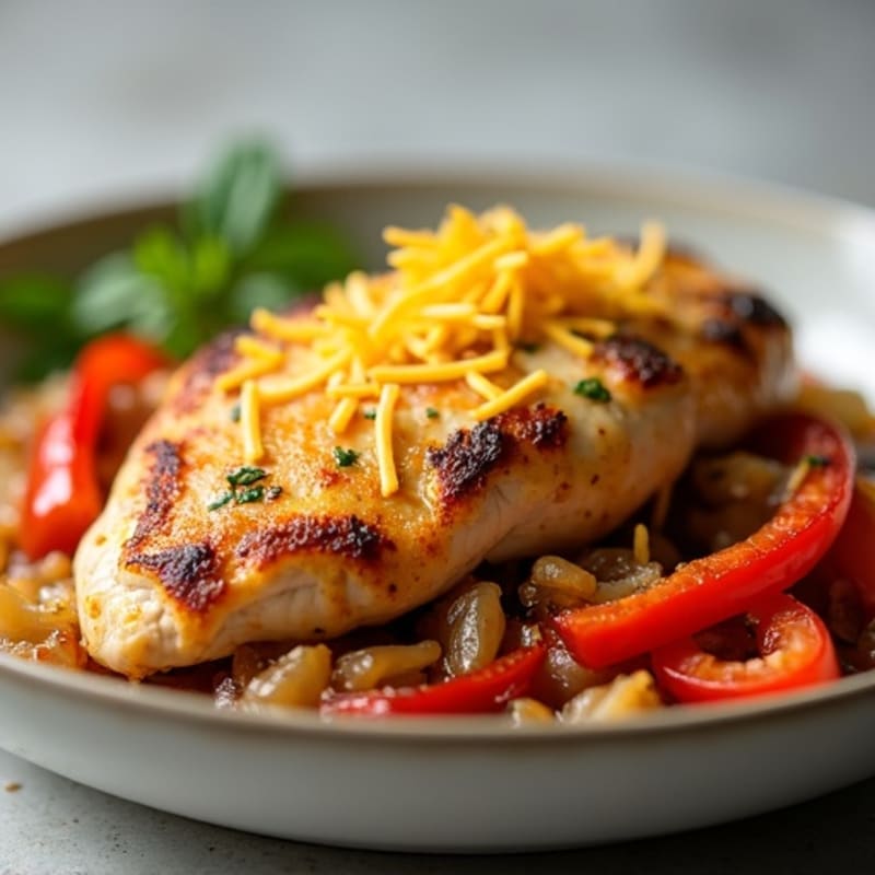 Cheesy Skillet Chicken with Sautéed Peppers and Onions