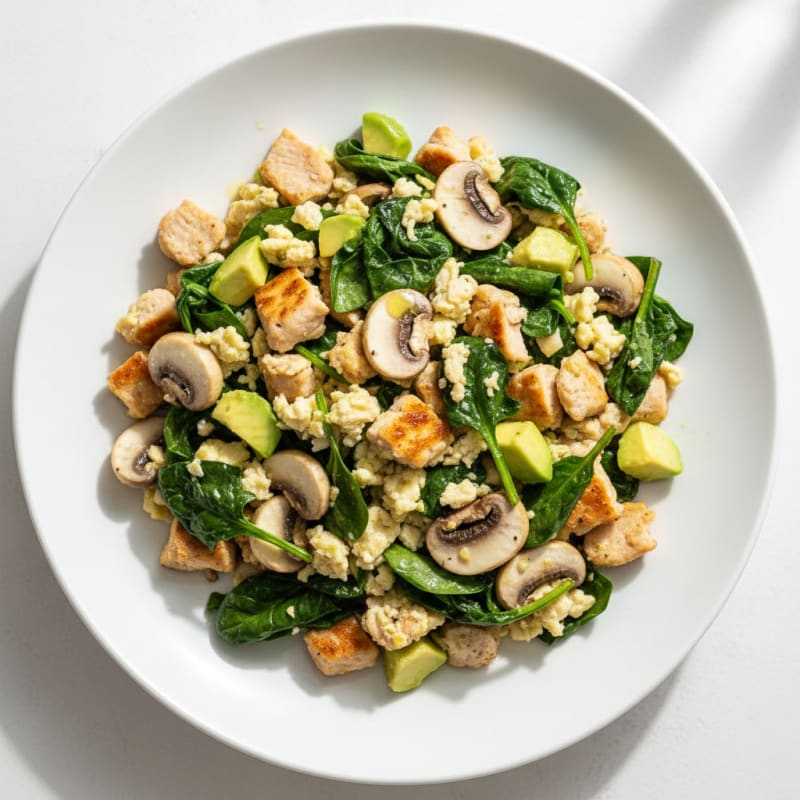 Egg White and Turkey Breast Scramble with Spinach and Mushrooms