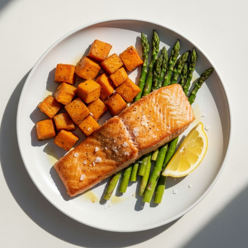 Seared Salmon with Roasted Sweet Potato and Asparagus