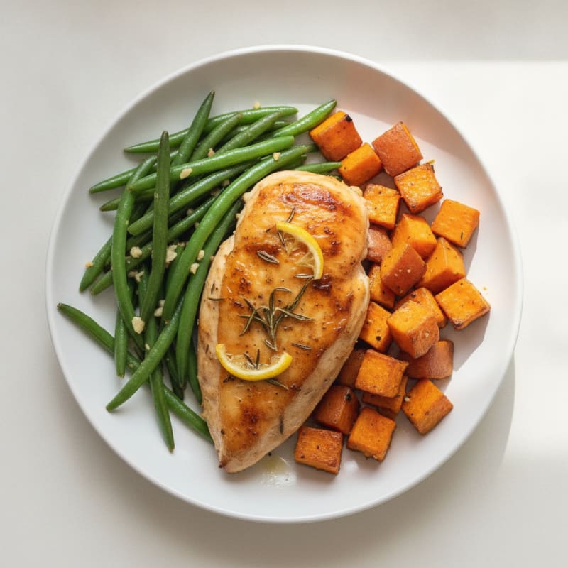 Zesty Lemon-Herb Roasted Chicken with Garlic Green Beans and Sweet Potato