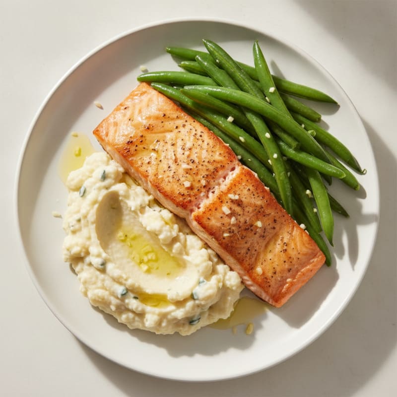 Seared Salmon with Steamed Green Beans and Garlic Mashed Cauliflower