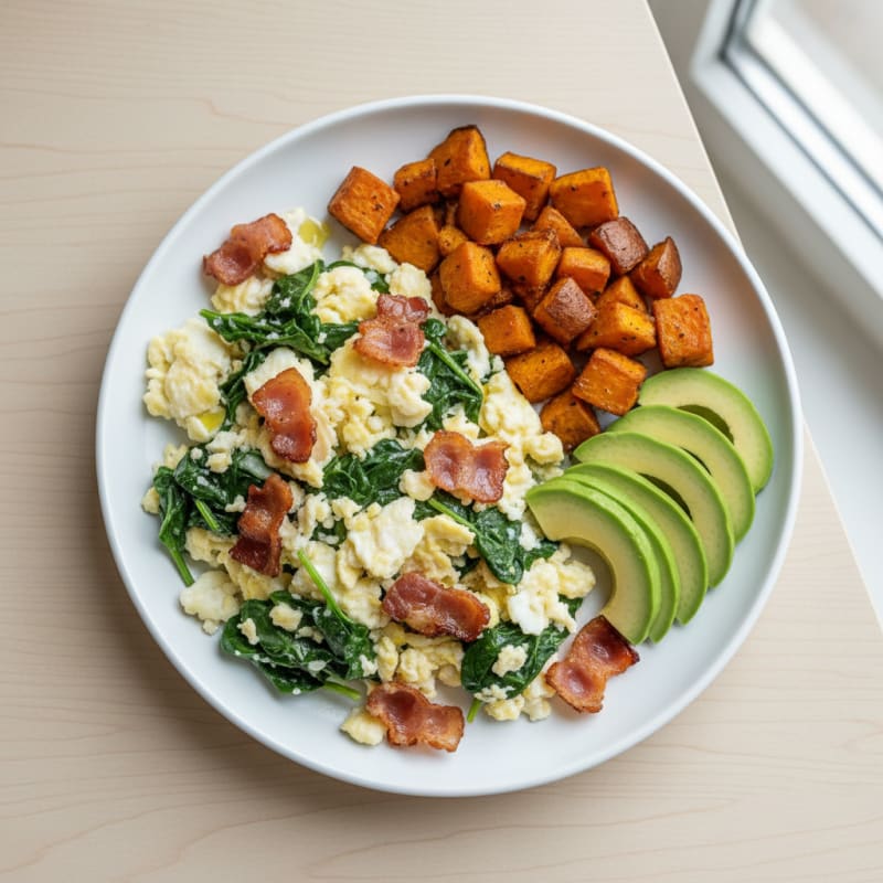 Crispy Turkey Bacon and Egg White Scramble with Spinach