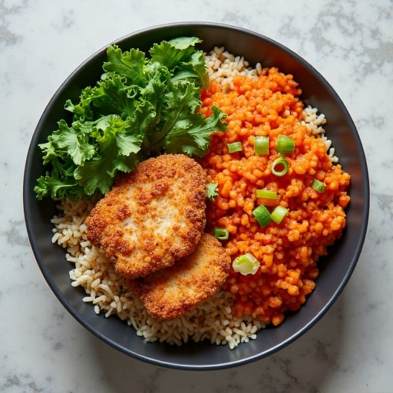 Healthy Kimchi Fried Brown Rice with Crispy Chicken and Fresh Greens