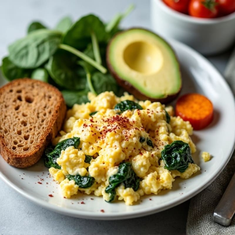 Egg White and Turkey Spinach Scramble with Roasted Sweet Potato
