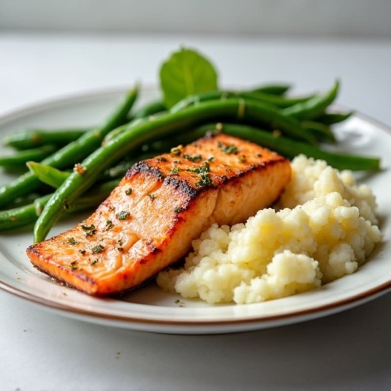 Seared Salmon with Garlic Green Beans and Mashed Cauliflower