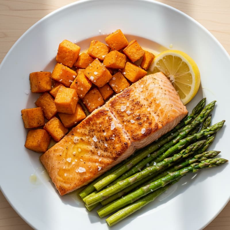 Seared Salmon Fillet with Roasted Sweet Potatoes and Asparagus